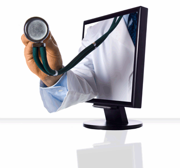 Image of stethoscope reaching out of a computer screen